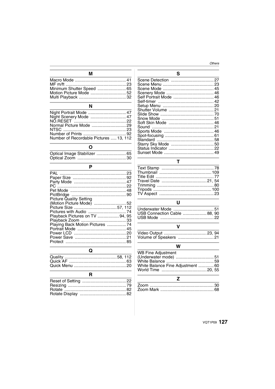 Panasonic DMC-FX35 Picture Quality Setting, Picture Size, 109, Travel Date, 100, Video Output, WB Fine Adjustment 