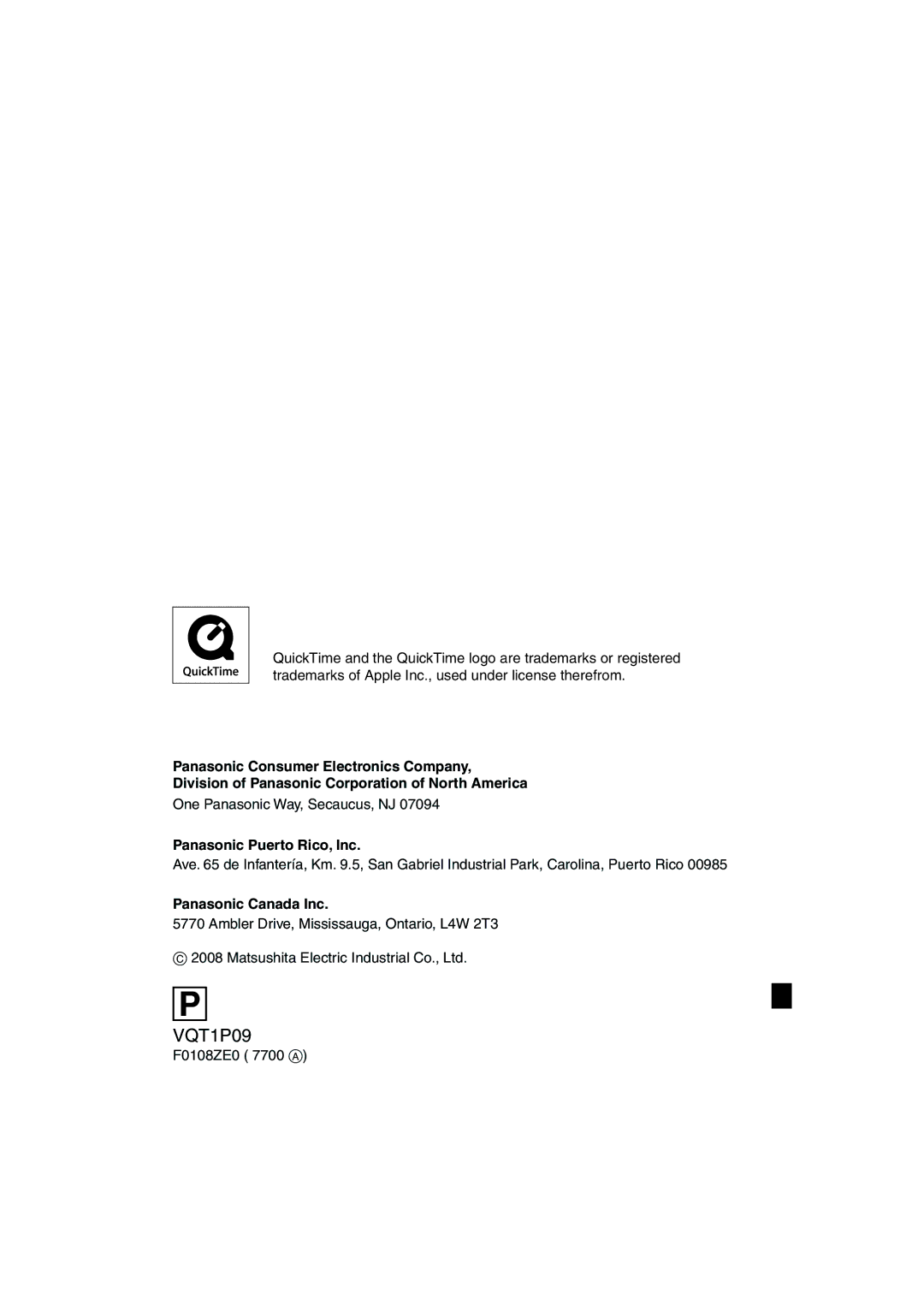 Panasonic DMC-FX35 One Panasonic Way, Secaucus, NJ, Panasonic Puerto Rico, Inc, Panasonic Canada Inc, F0108ZE0 7700 a 