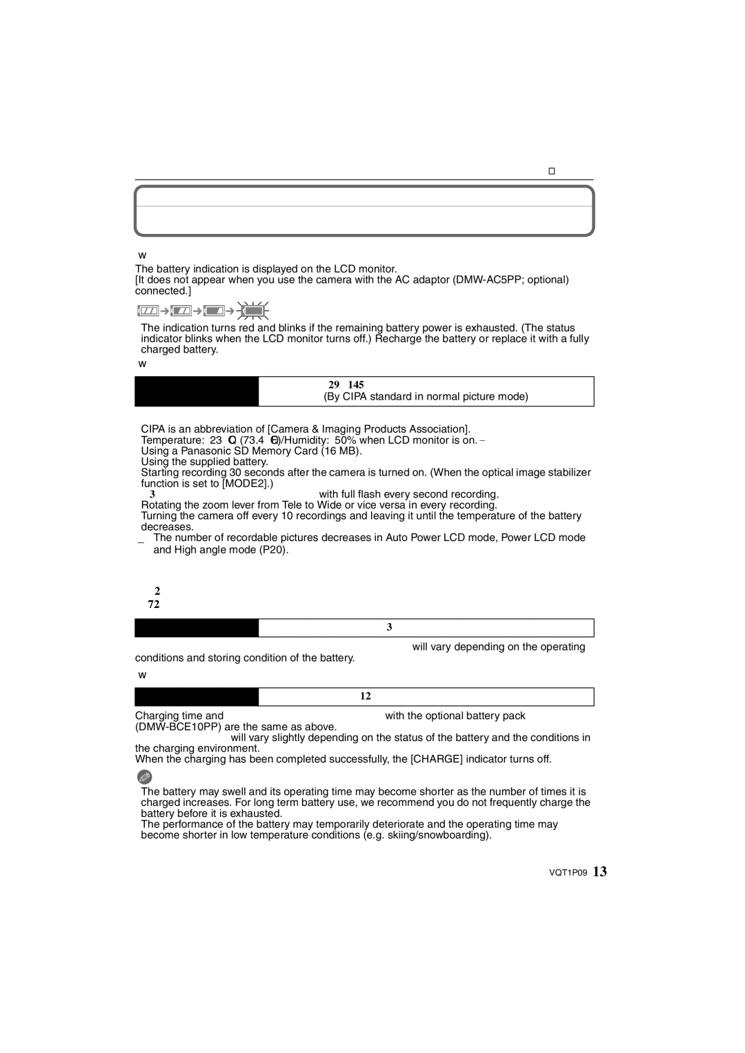 Panasonic DMC-FX35 operating instructions Battery indication, Battery life, Recording conditions by Cipa standard, Charging 