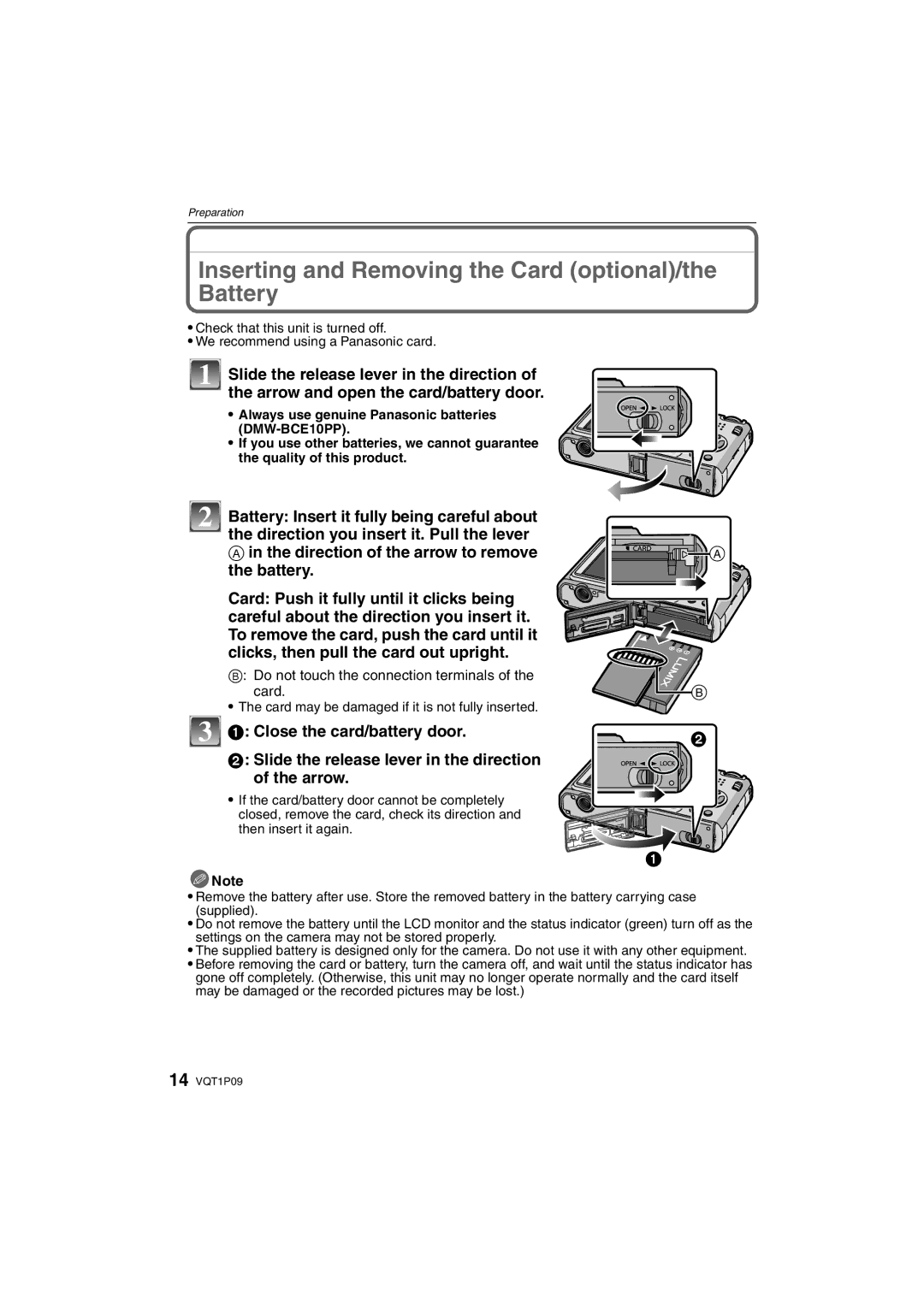 Panasonic DMC-FX35 Inserting and Removing the Card optional/the Battery, Do not touch the connection terminals Card 