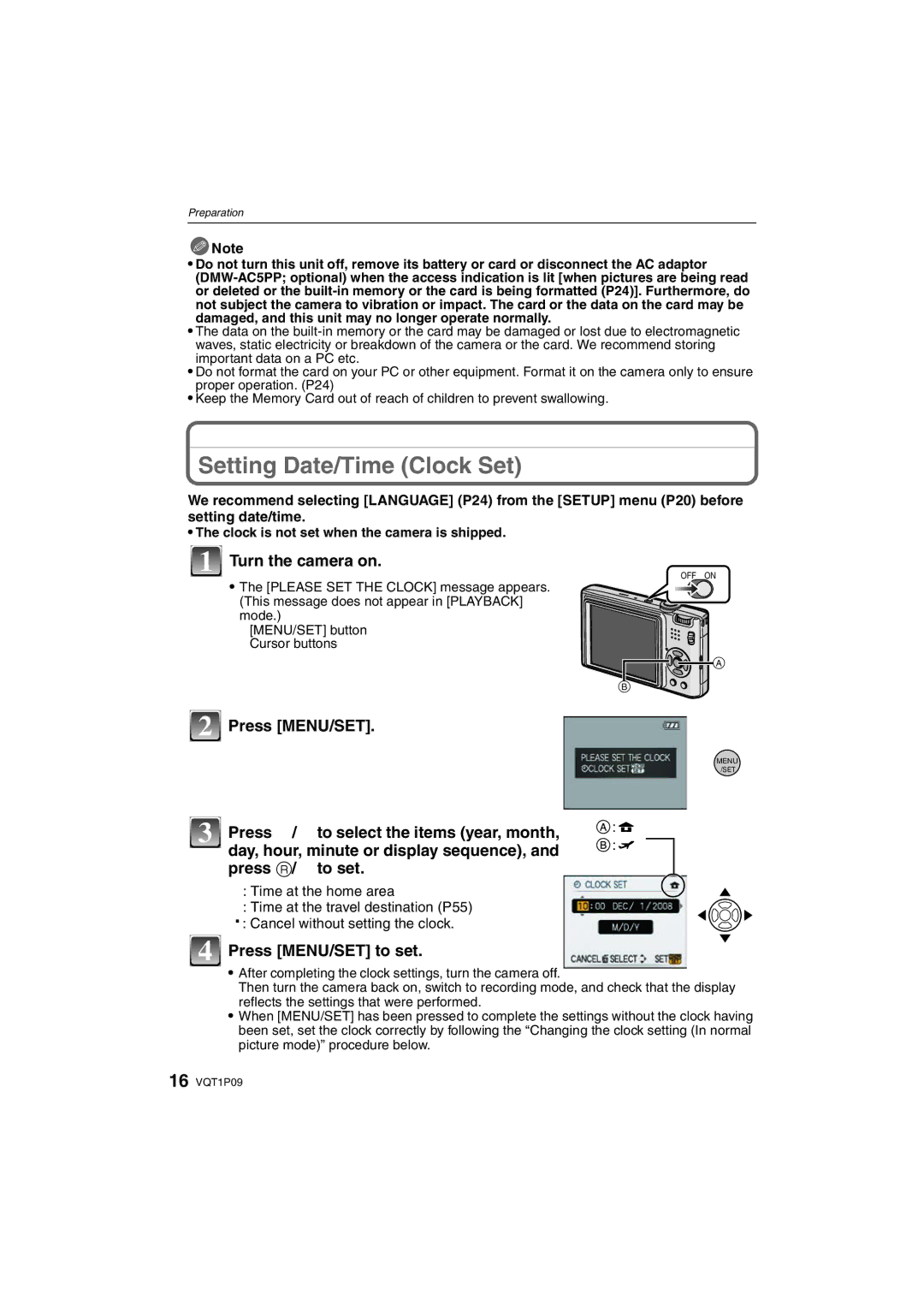 Panasonic DMC-FX35 operating instructions Setting Date/Time Clock Set, Turn the camera on, Press MENU/SET to set 