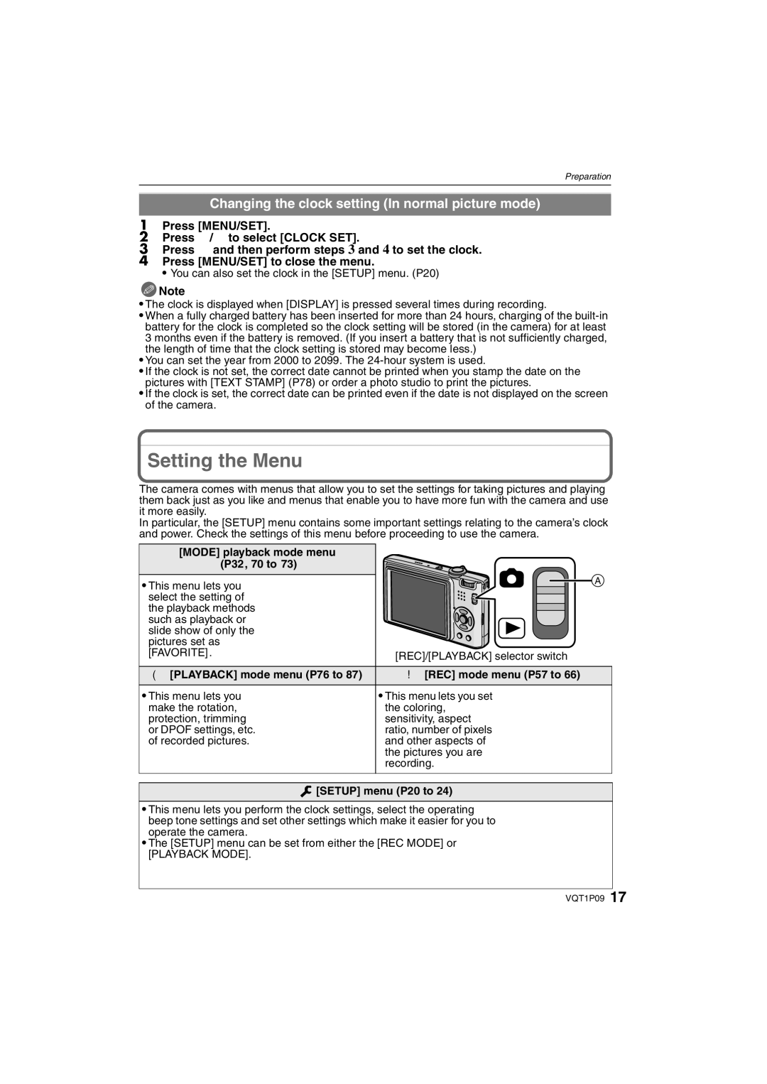 Panasonic DMC-FX35 Setting the Menu, Changing the clock setting In normal picture mode, Mode playback mode menu P32, 70 to 