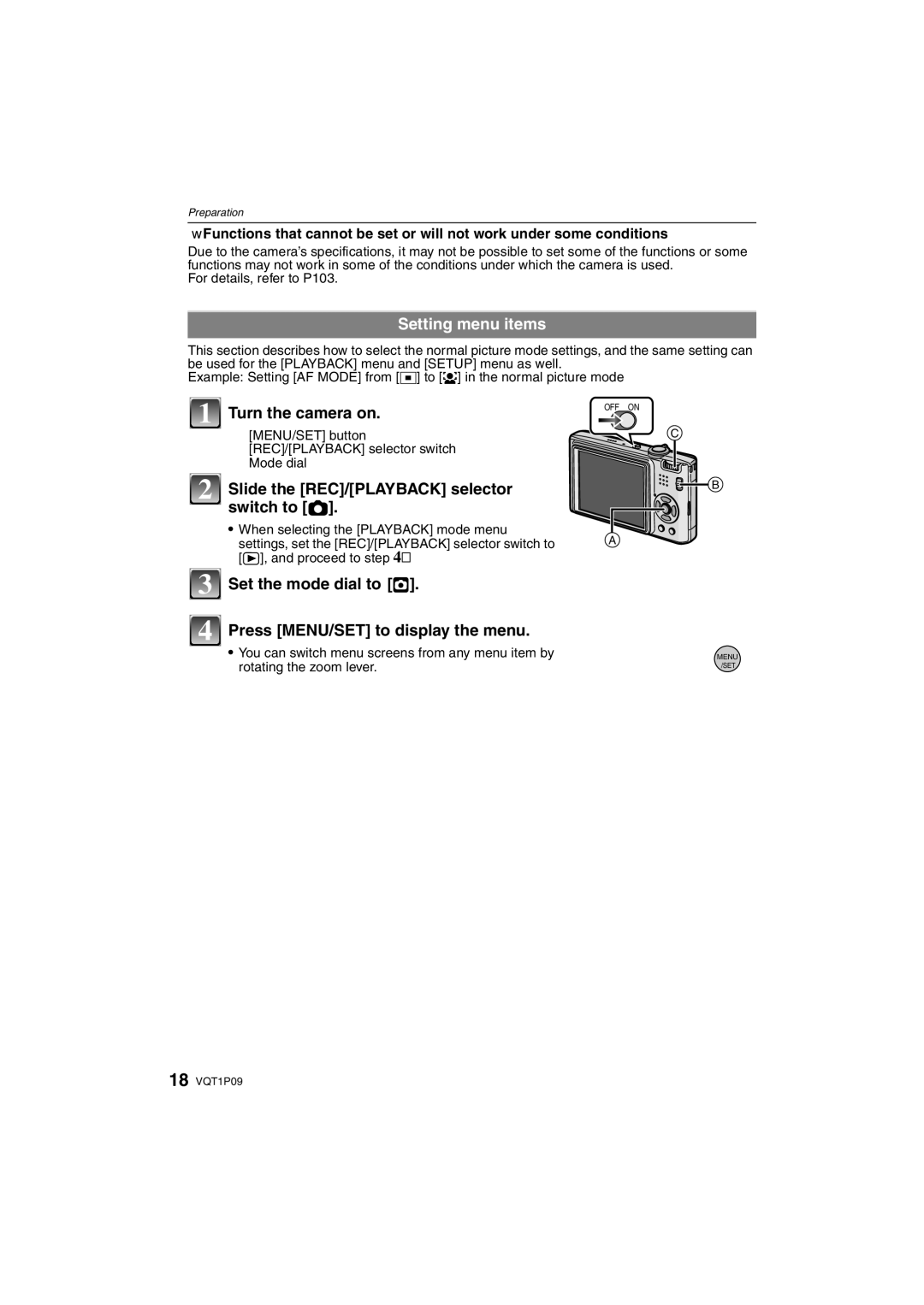 Panasonic DMC-FX35 operating instructions Setting menu items, Slide the REC/PLAYBACK selector switch to 