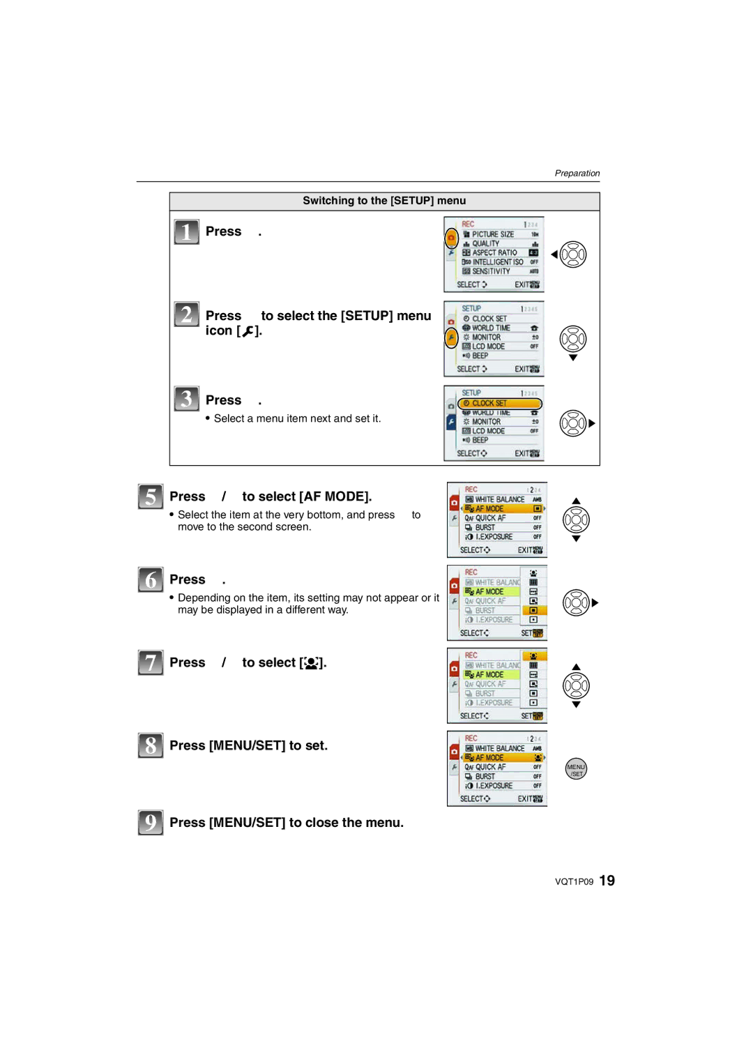 Panasonic DMC-FX35 Press Press 4 to select the Setup menu icon, Press 3/4 to select AF Mode, Switching to the Setup menu 