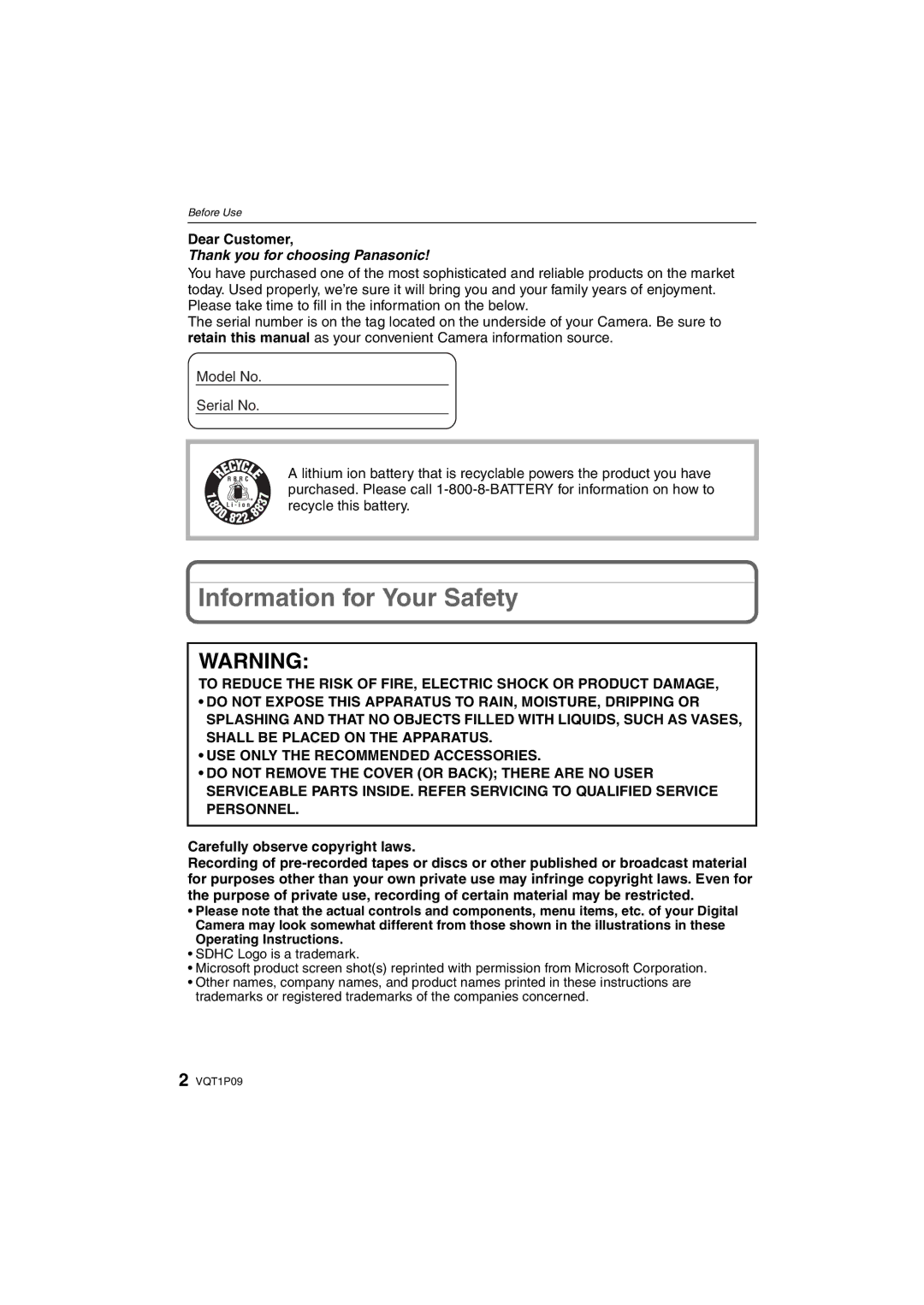 Panasonic DMC-FX35 operating instructions Dear Customer, Carefully observe copyright laws 