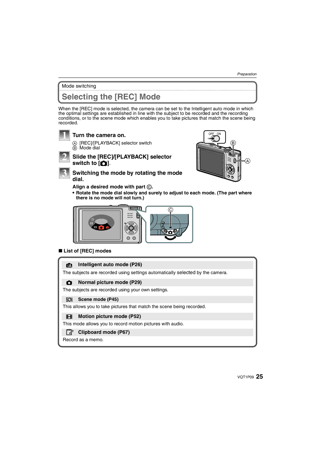 Panasonic DMC-FX35 operating instructions Selecting the REC Mode, Slide the REC/PLAYBACK selector, Switch to, Dial 