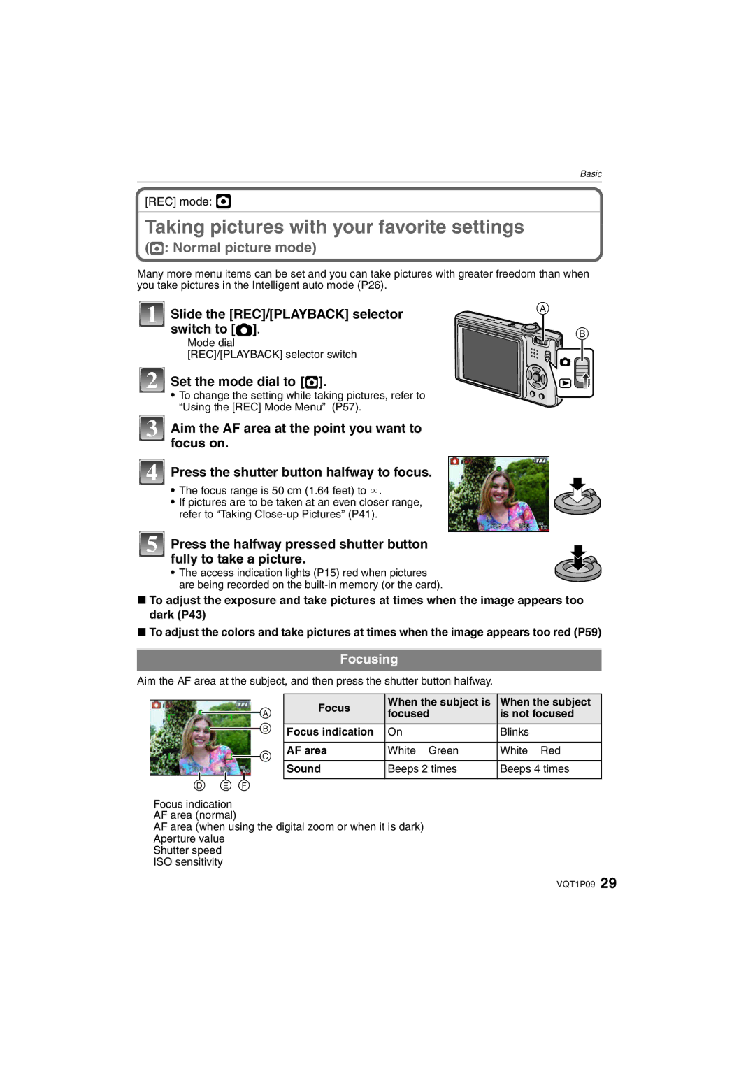 Panasonic DMC-FX35 Taking pictures with your favorite settings, Set the mode dial to ·, Focusing, REC mode · 