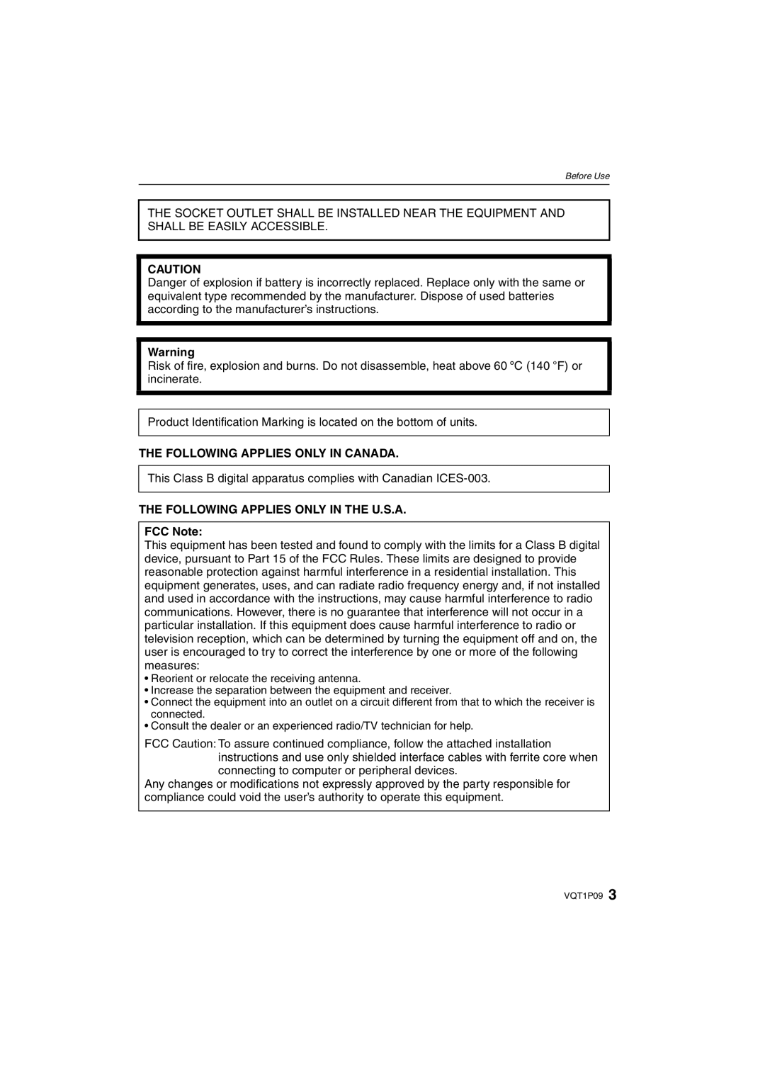 Panasonic DMC-FX35 operating instructions Following Applies only in Canada, Following Applies only in the U.S.A, FCC Note 