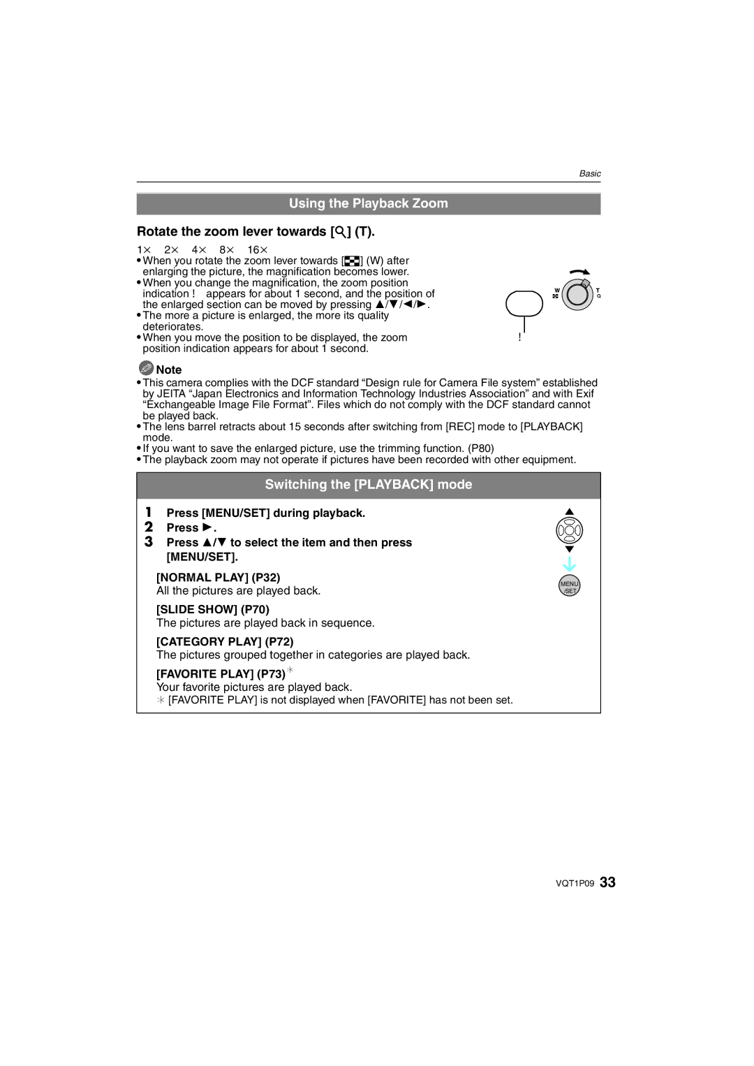 Panasonic DMC-FX35 Using the Playback Zoom, Rotate the zoom lever towards Z T, Switching the Playback mode 