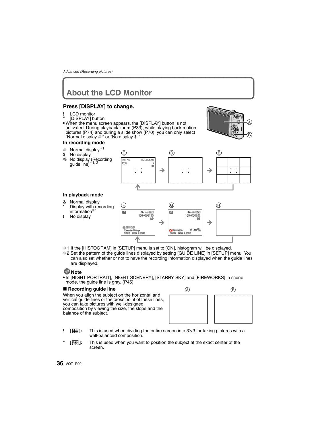 Panasonic DMC-FX35 About the LCD Monitor, Press Display to change, Recording mode, Playback mode, Recording guide line 