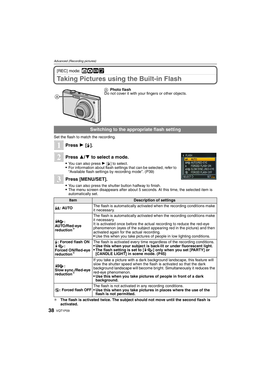 Panasonic DMC-FX35 Taking Pictures using the Built-in Flash, Switching to the appropriate flash setting, REC mode ñ·¿¨ 