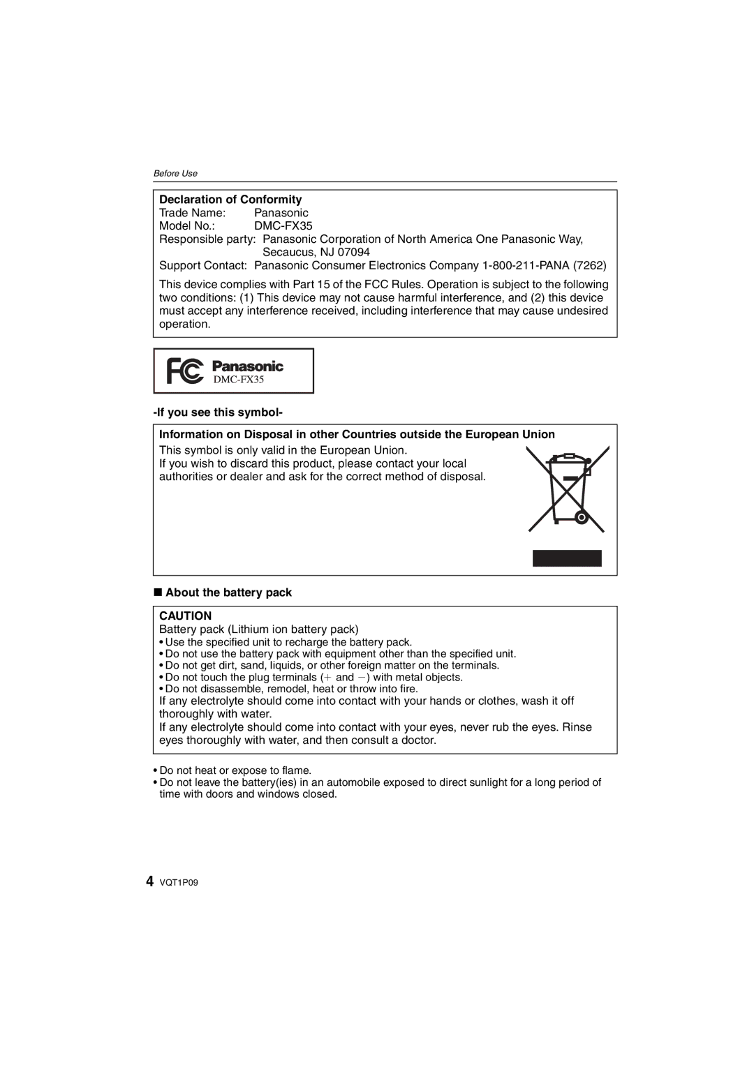 Panasonic DMC-FX35 operating instructions Declaration of Conformity, Trade Name Panasonic Model No, About the battery pack 