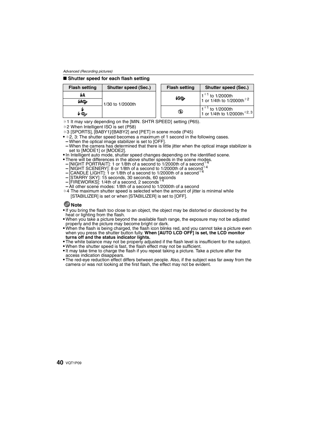 Panasonic DMC-FX35 operating instructions Shutter speed for each flash setting, Flash setting Shutter speed Sec 