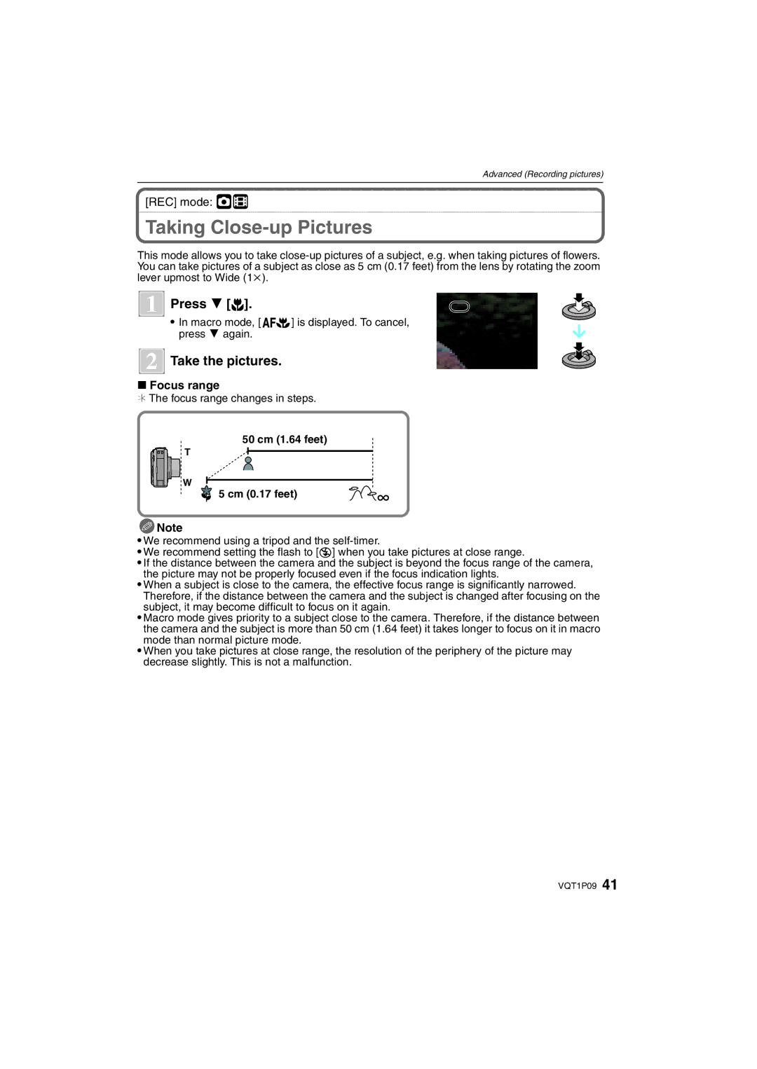 Panasonic DMC-FX35 Taking Close-up Pictures, Press 4 #, Take the pictures, REC mode ·n, 50 cm 1.64 feet Cm 0.17 feet 