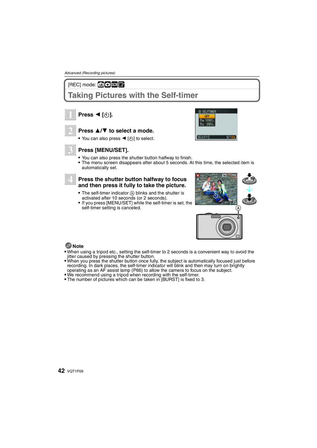 Panasonic DMC-FX35 operating instructions Taking Pictures with the Self-timer, Press 2 ë, Press 3/ 4 to select a mode 