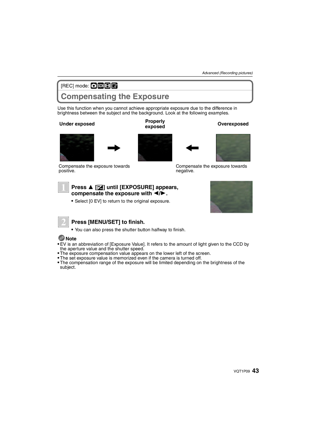 Panasonic DMC-FX35 operating instructions Compensating the Exposure, Press MENU/SET to finish, REC mode ·¿n¨ 