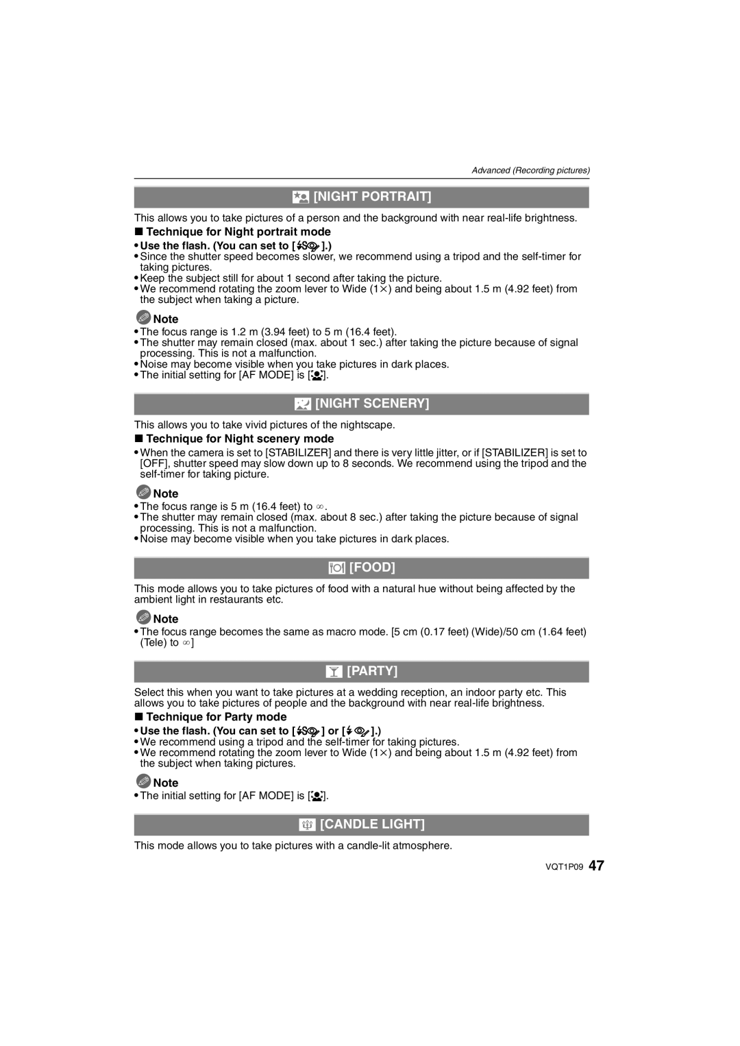 Panasonic DMC-FX35 operating instructions Night Portrait, Night Scenery, Food, Party, Candle Light 