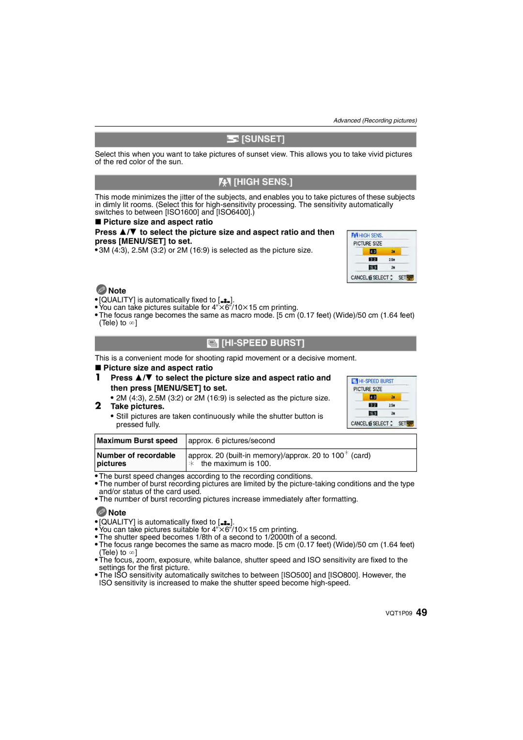 Panasonic DMC-FX35 operating instructions Sunset, High Sens, HI-SPEED Burst, Take pictures 