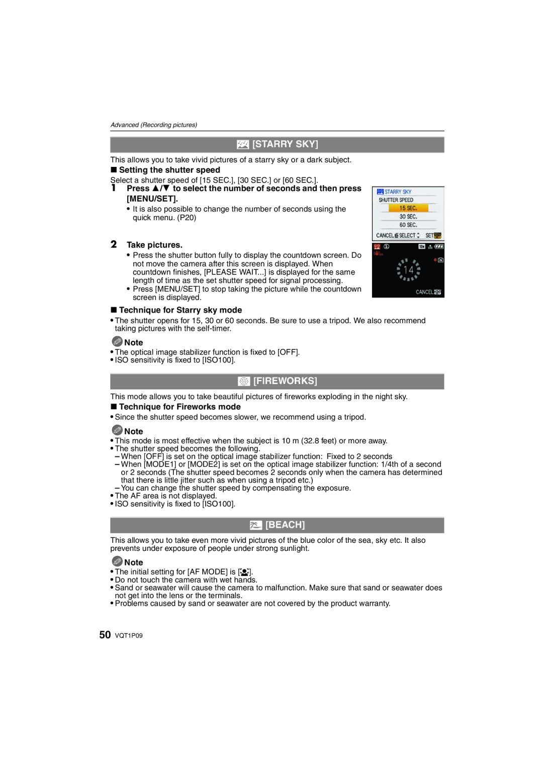 Panasonic DMC-FX35 operating instructions Starry SKY, Fireworks, Beach 