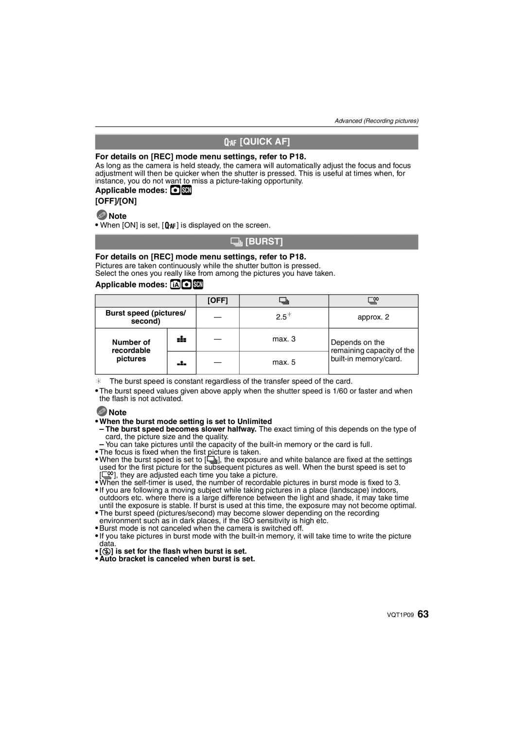 Panasonic DMC-FX35 operating instructions Quick AF, ˜ Burst, Applicable modes ·¿ OFF/ON, Applicable modes ñ·¿, Off 