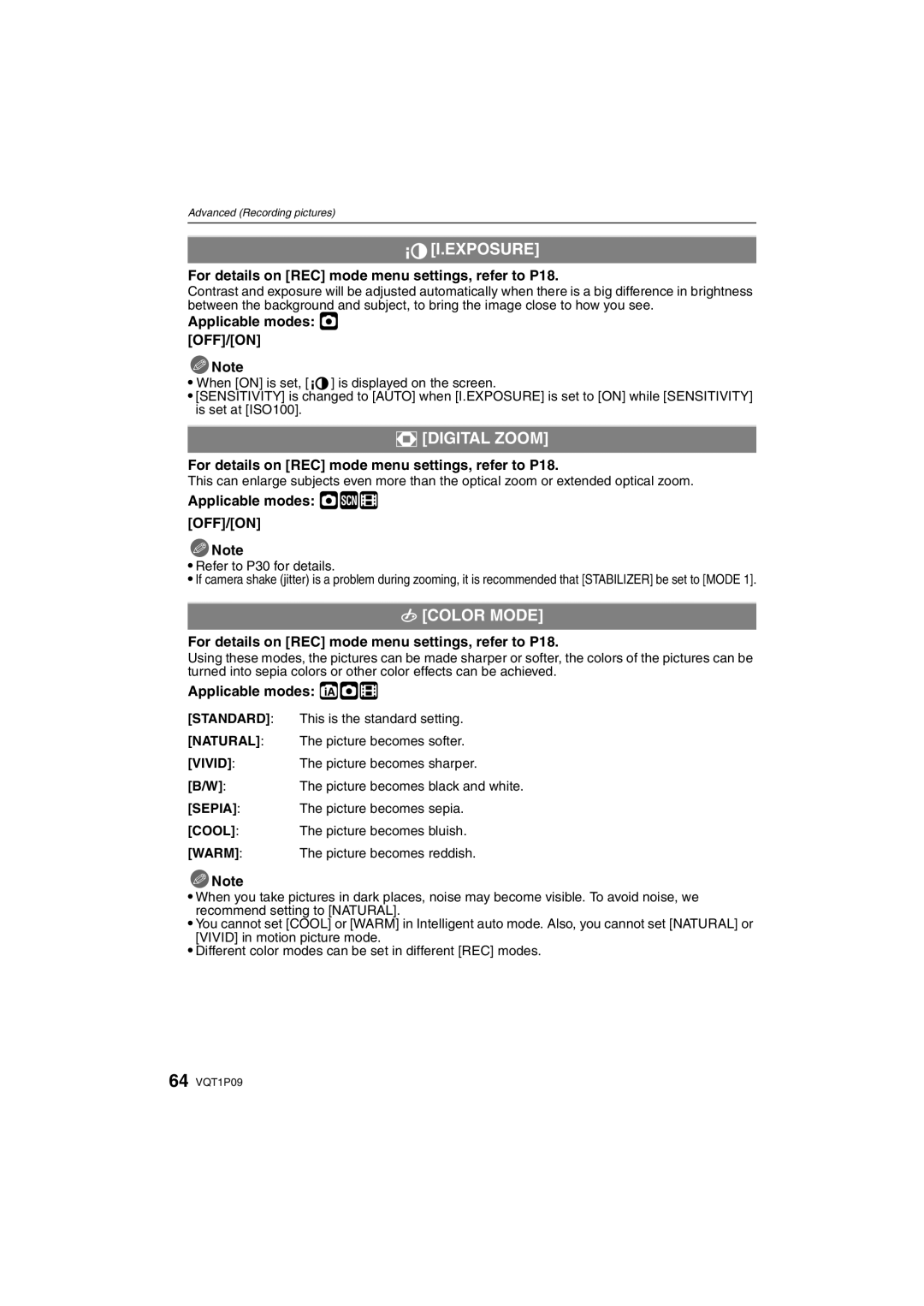 Panasonic DMC-FX35 operating instructions Exposure, Digital Zoom, Color Mode 