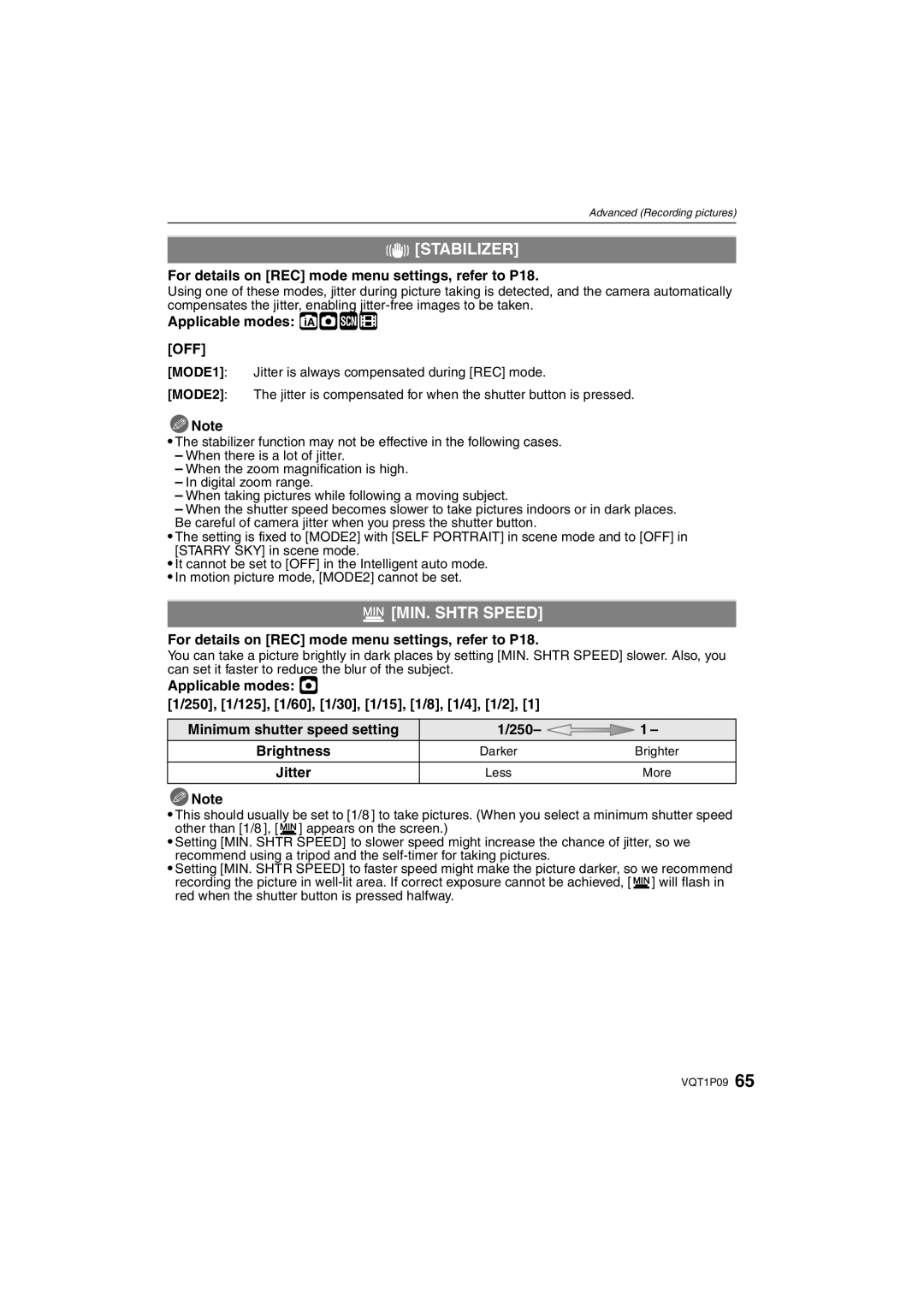 Panasonic DMC-FX35 operating instructions Stabilizer, MIN. Shtr Speed, 250 