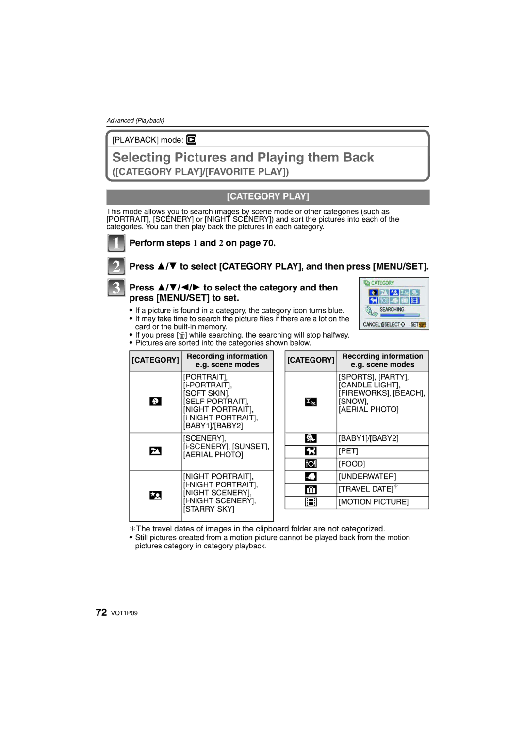 Panasonic DMC-FX35 operating instructions Selecting Pictures and Playing them Back, Category Play, Perform steps 1 and 2 on 