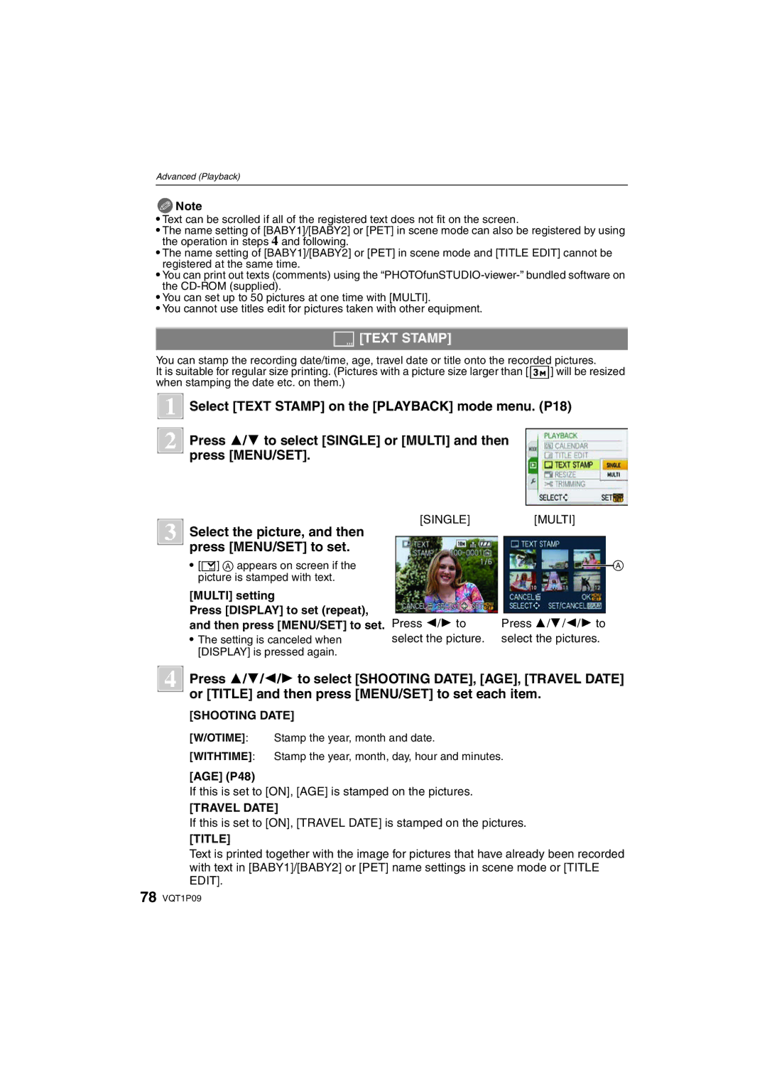 Panasonic DMC-FX35 operating instructions Text Stamp, Shooting Date, AGE P48, Travel Date, Title 