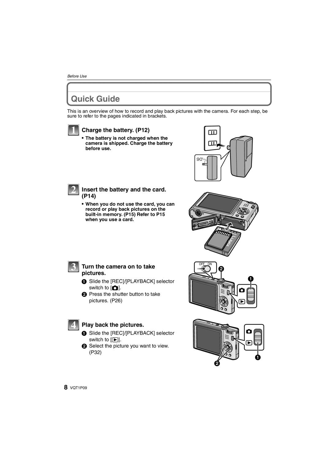 Panasonic DMC-FX35 Quick Guide, Charge the battery. P12, Insert the battery and the card. P14, Play back the pictures 