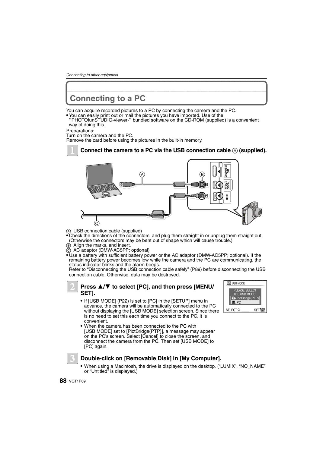 Panasonic DMC-FX35 operating instructions Connecting to a PC, Press 3/4 to select PC, and then press Menu 