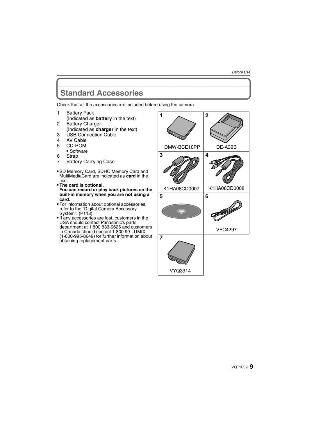 Panasonic DMC-FX35 operating instructions Standard Accessories, Strap Battery Carrying Case, DMW-BCE10PP DE-A39B 