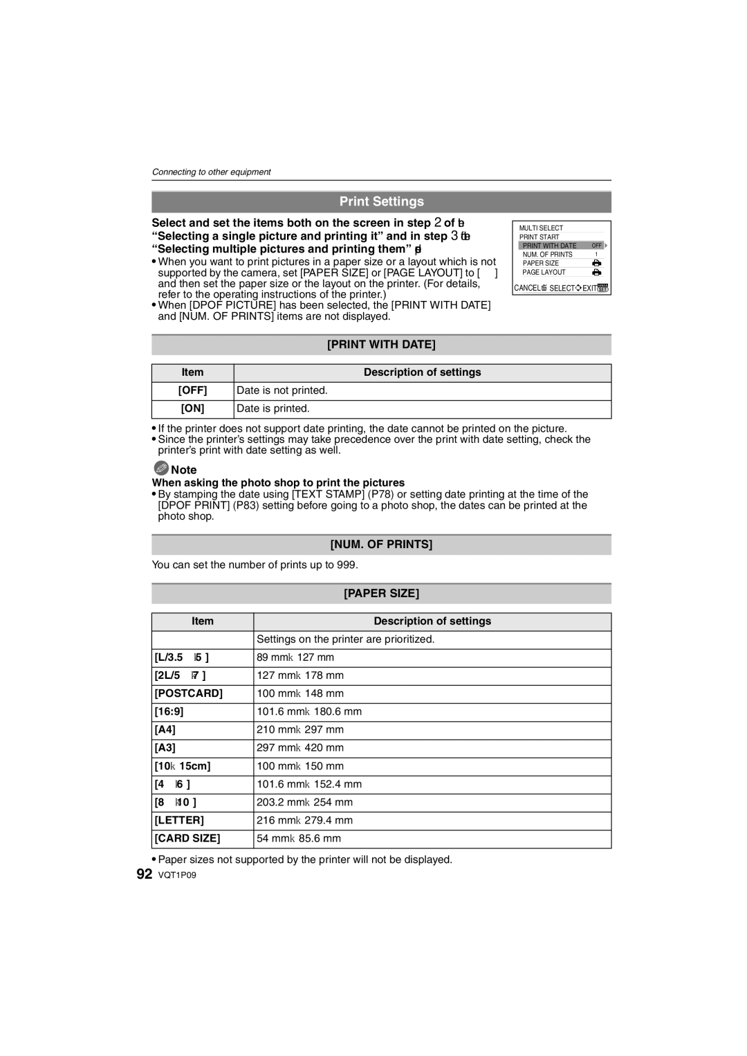 Panasonic DMC-FX35 Print Settings, Select and set the items both on the screen, Print with Date, NUM. of Prints 