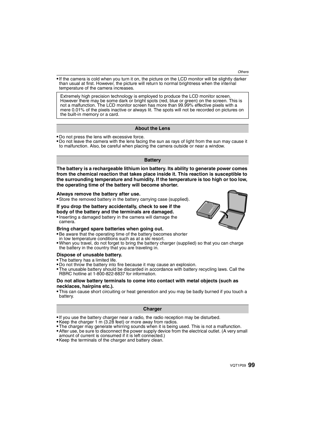 Panasonic DMC-FX35 About the Lens, Battery, Always remove the battery after use, Dispose of unusable battery, Charger 