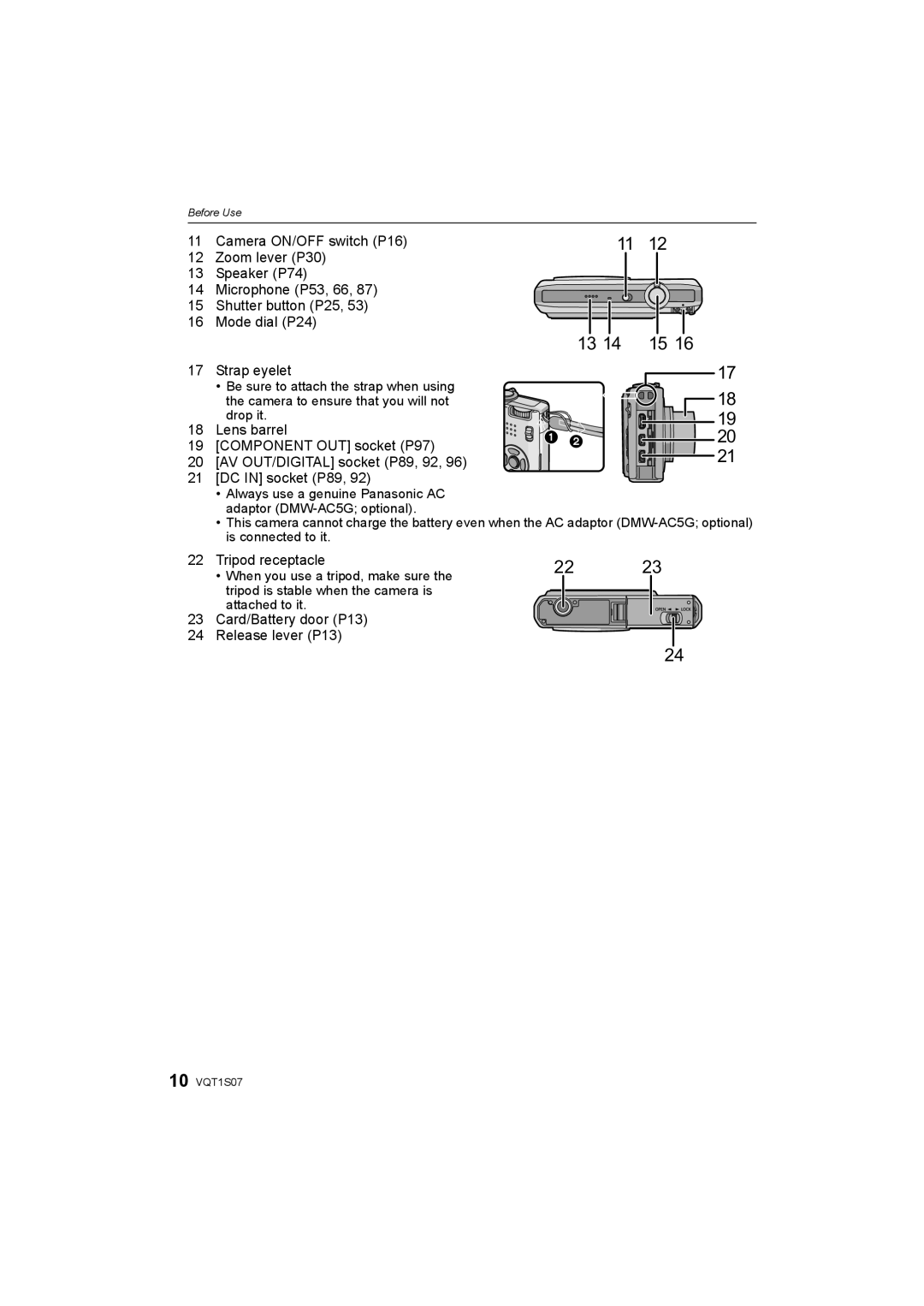 Panasonic DMC-FX38 operating instructions Tripod receptacle, Card/Battery door P13 Release lever P13 