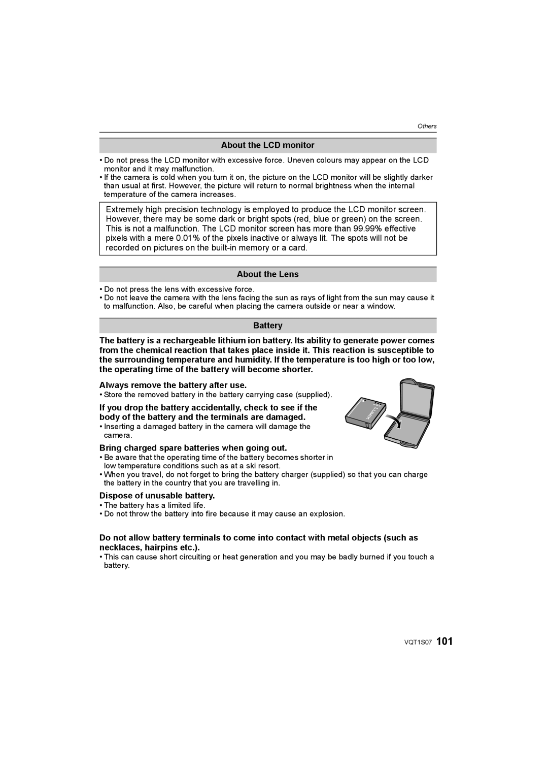 Panasonic DMC-FX38 About the LCD monitor, About the Lens, Battery, Always remove the battery after use 