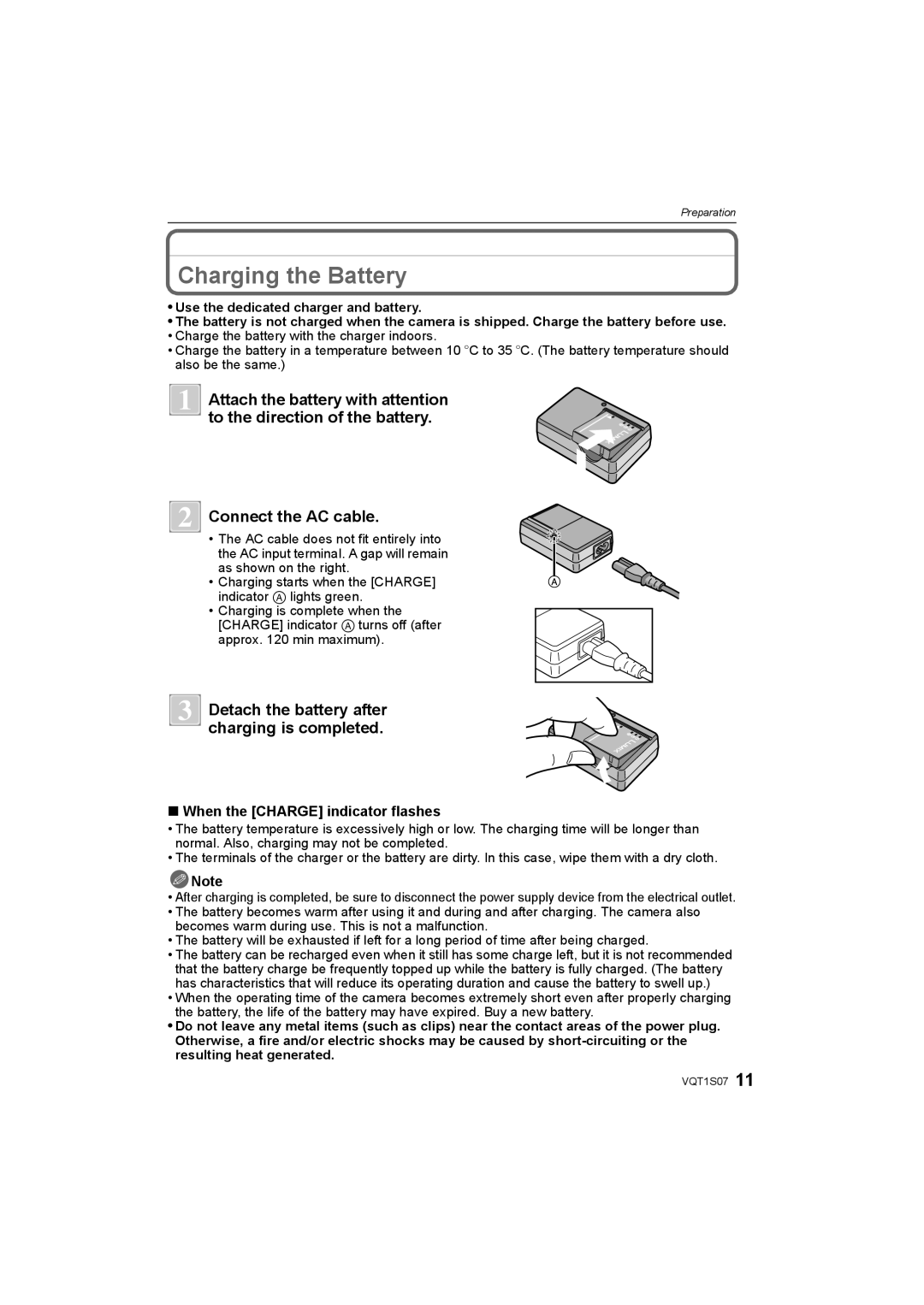 Panasonic DMC-FX38 Charging the Battery, To the direction of the battery, Connect the AC cable, Charging is completed 