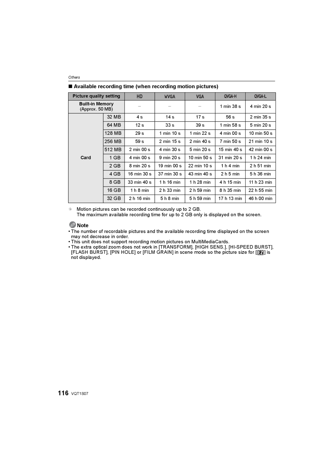 Panasonic DMC-FX38 operating instructions Available recording time when recording motion pictures 