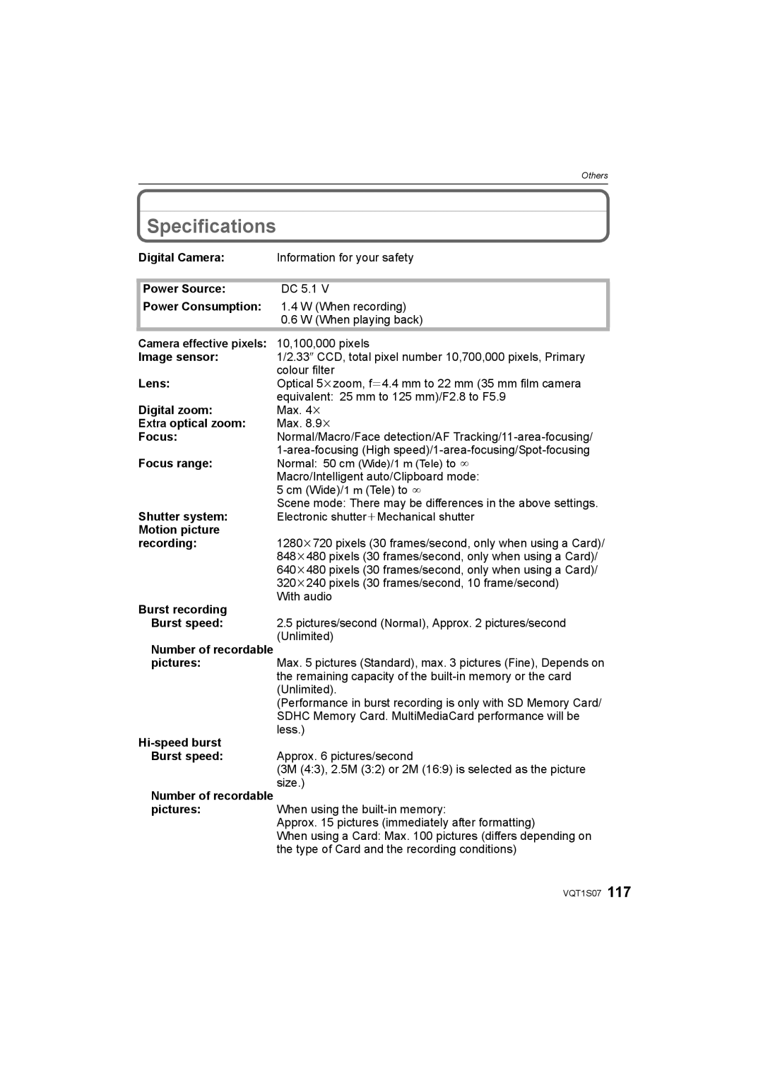 Panasonic DMC-FX38 operating instructions Specifications 