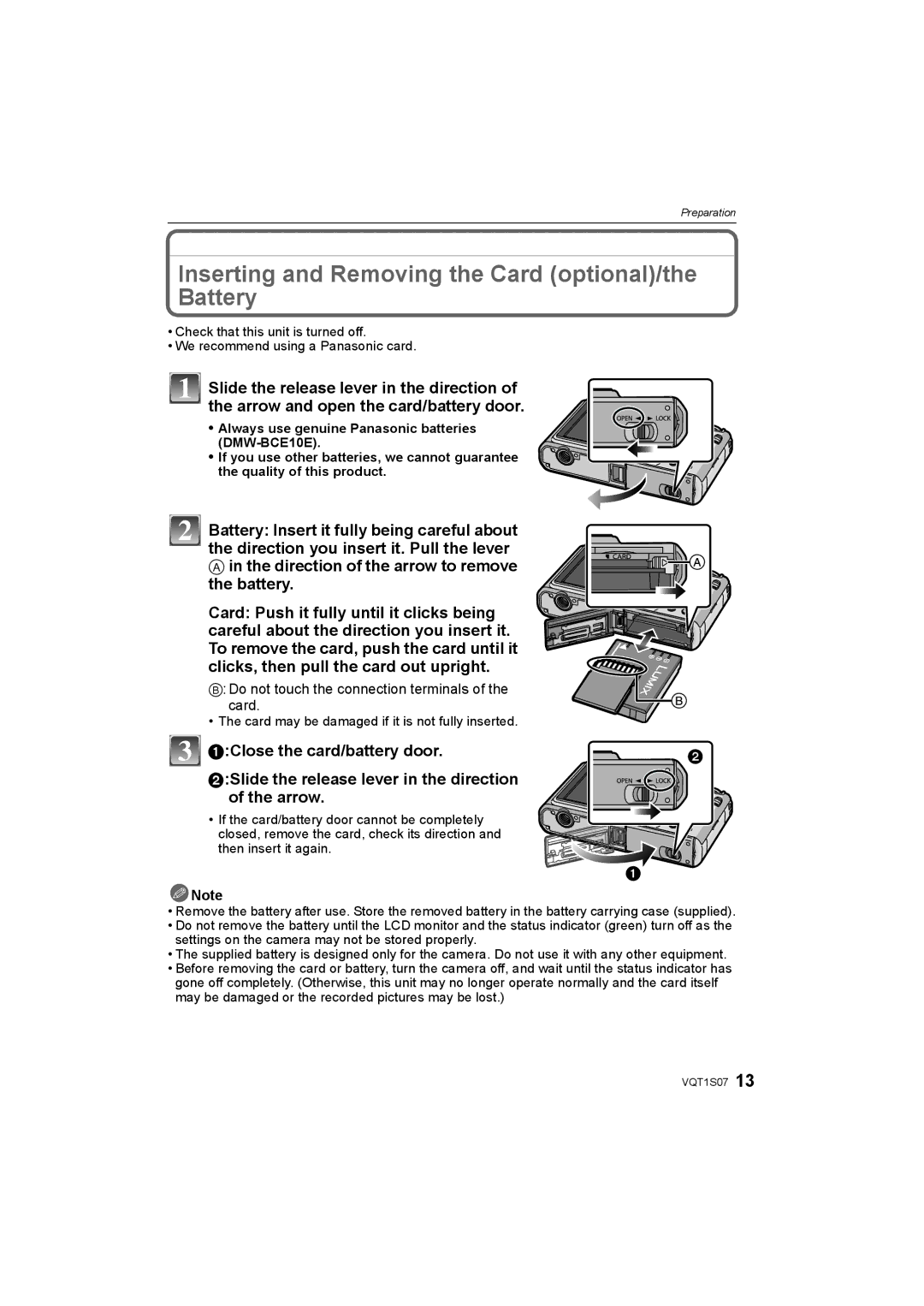 Panasonic DMC-FX38 Inserting and Removing the Card optional/the Battery, Slide the release lever in the direction 