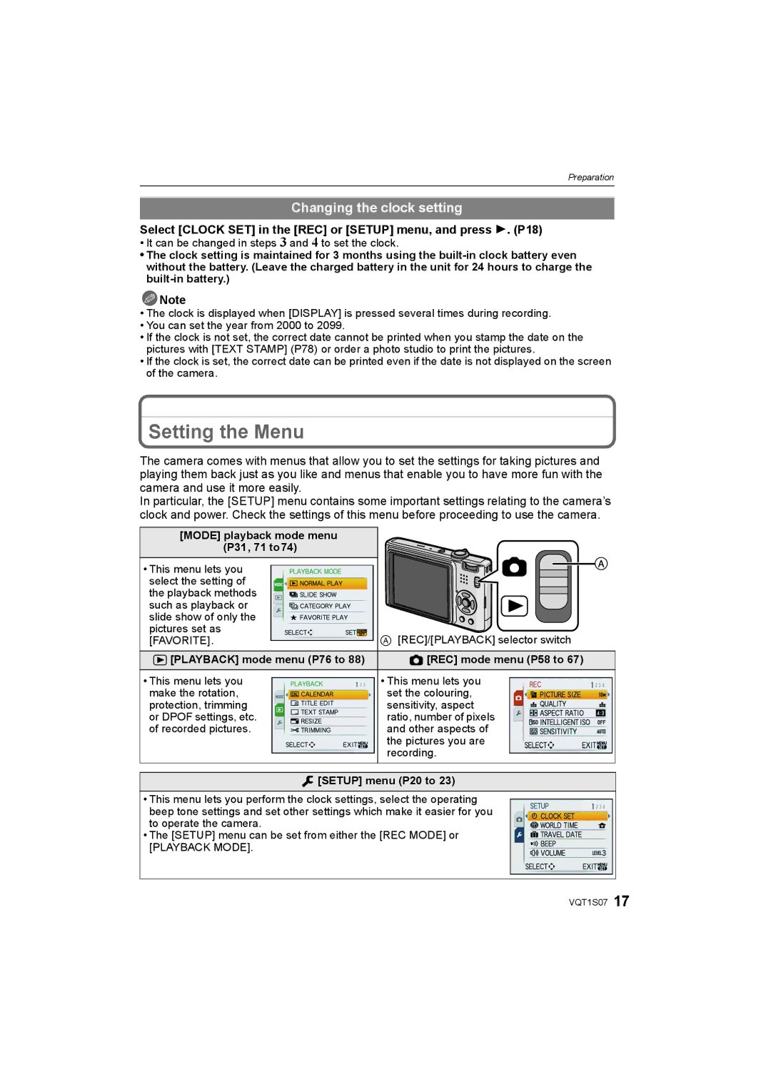 Panasonic DMC-FX38 operating instructions Setting the Menu, Changing the clock setting 