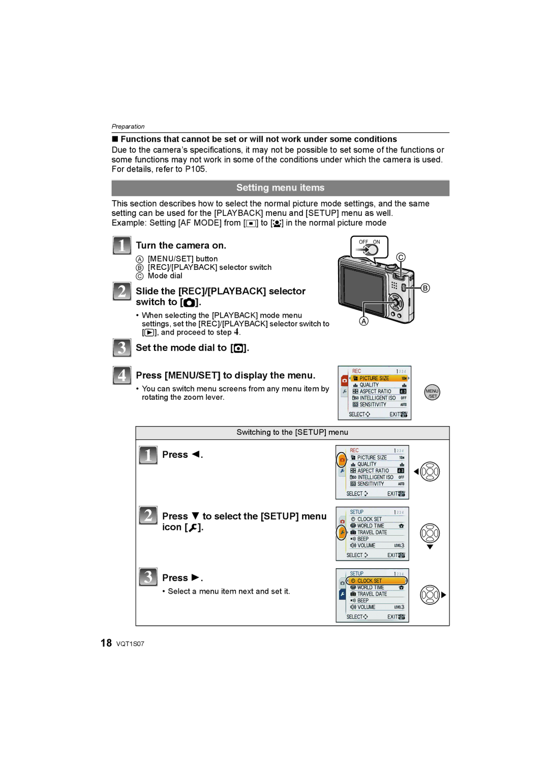 Panasonic DMC-FX38 operating instructions Setting menu items 