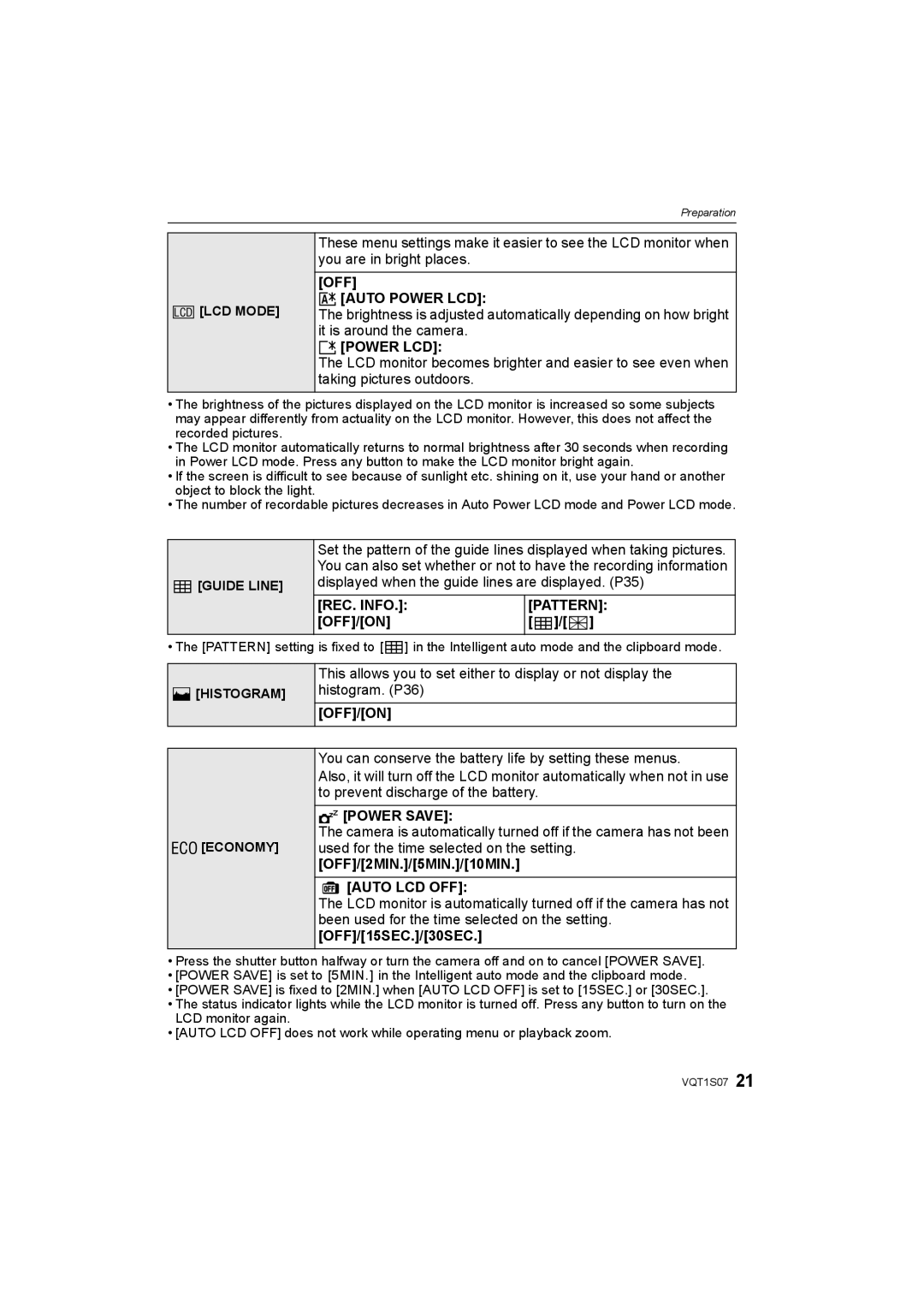 Panasonic DMC-FX38 operating instructions OFF „ Auto Power LCD, … Power LCD, REC. Info Pattern, Auto LCD OFF 