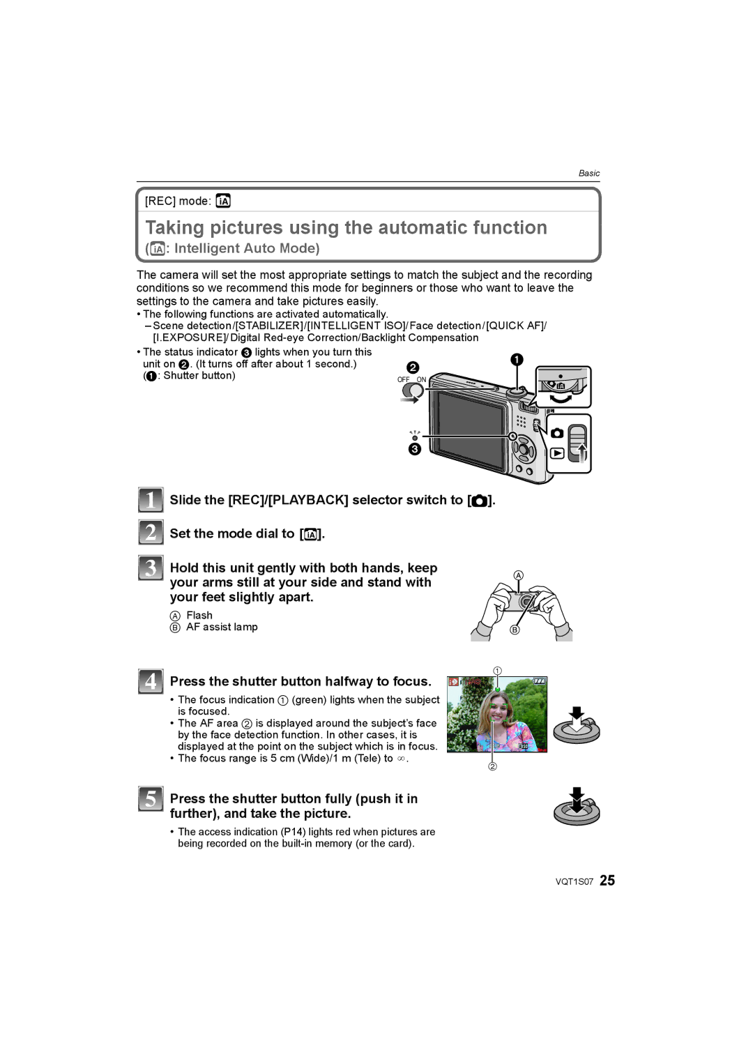 Panasonic DMC-FX38 Taking pictures using the automatic function, Press the shutter button halfway to focus, REC mode ñ 