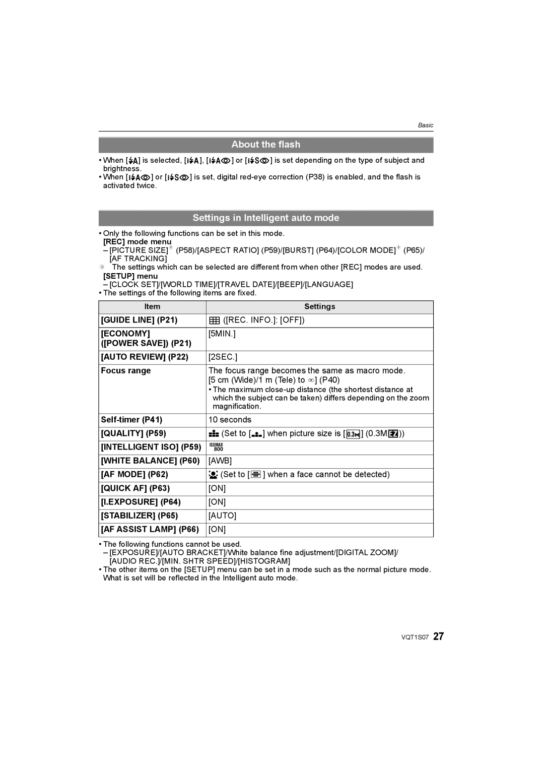 Panasonic DMC-FX38 operating instructions About the flash, Settings in Intelligent auto mode 