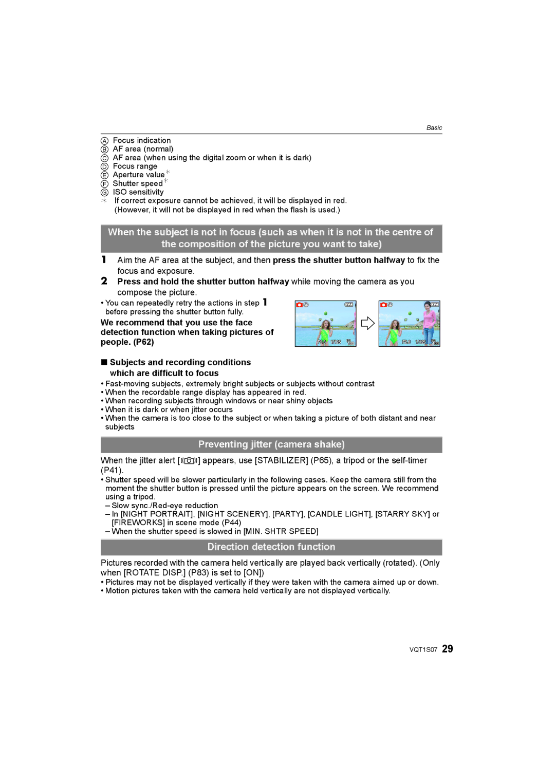 Panasonic DMC-FX38 operating instructions Preventing jitter camera shake, Direction detection function, Compose the picture 