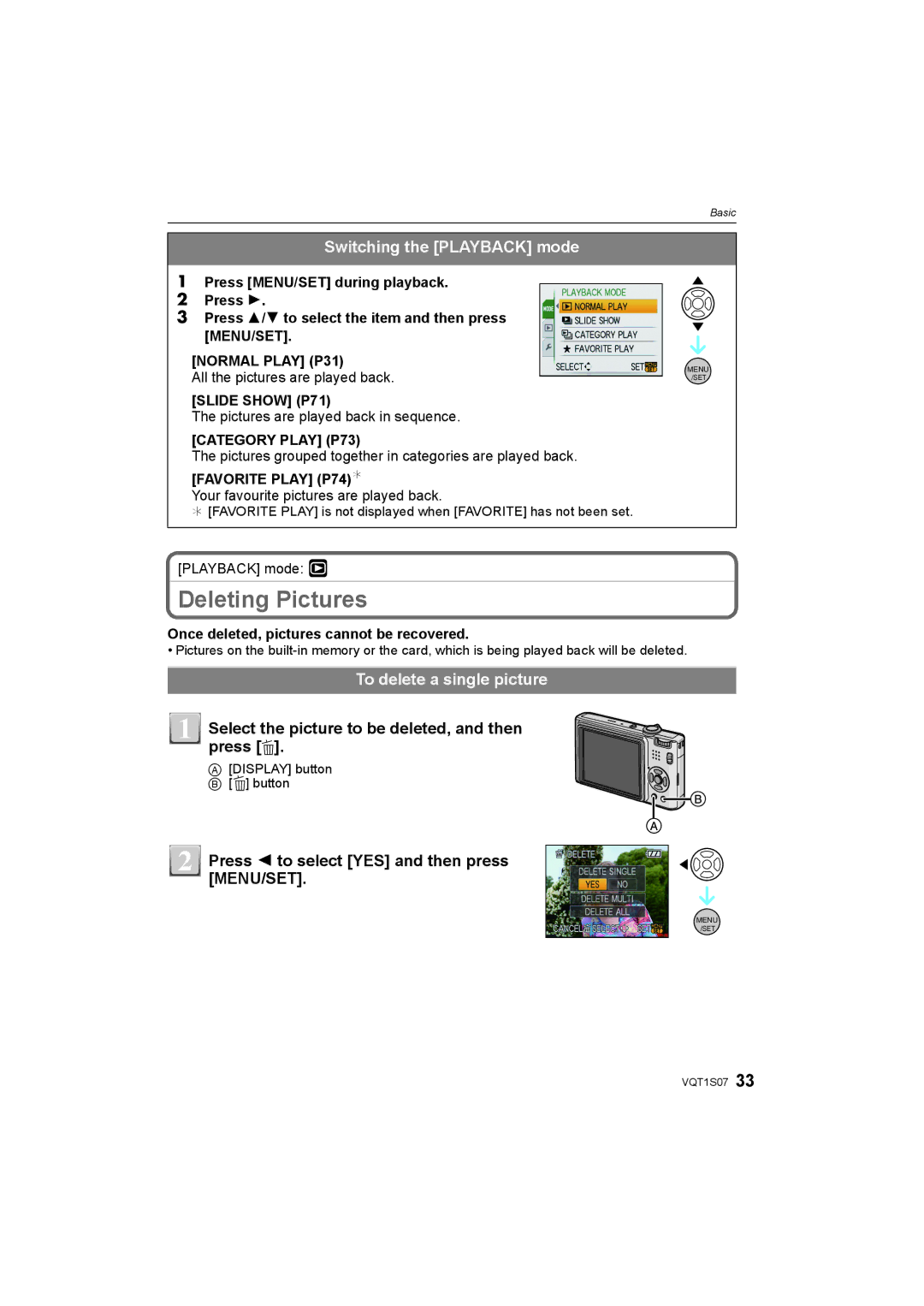 Panasonic DMC-FX38 operating instructions Deleting Pictures, Switching the Playback mode, To delete a single picture 