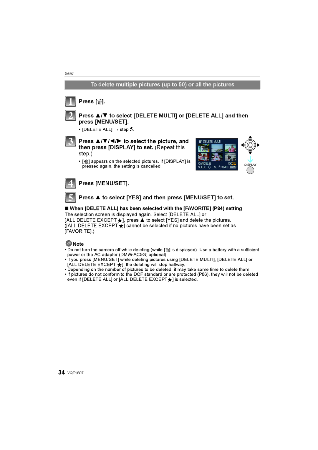 Panasonic DMC-FX38 To delete multiple pictures up to 50 or all the pictures, Press 3/4/2/1 to select the picture 