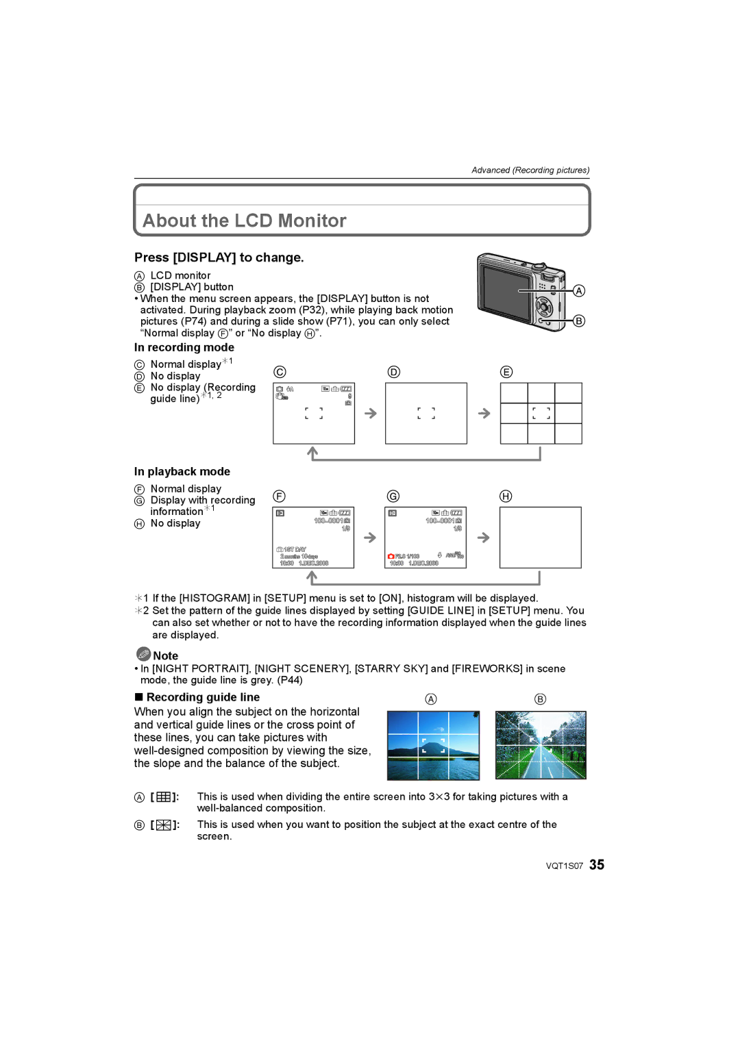 Panasonic DMC-FX38 About the LCD Monitor, Press Display to change, Recording mode, Playback mode, Recording guide line 