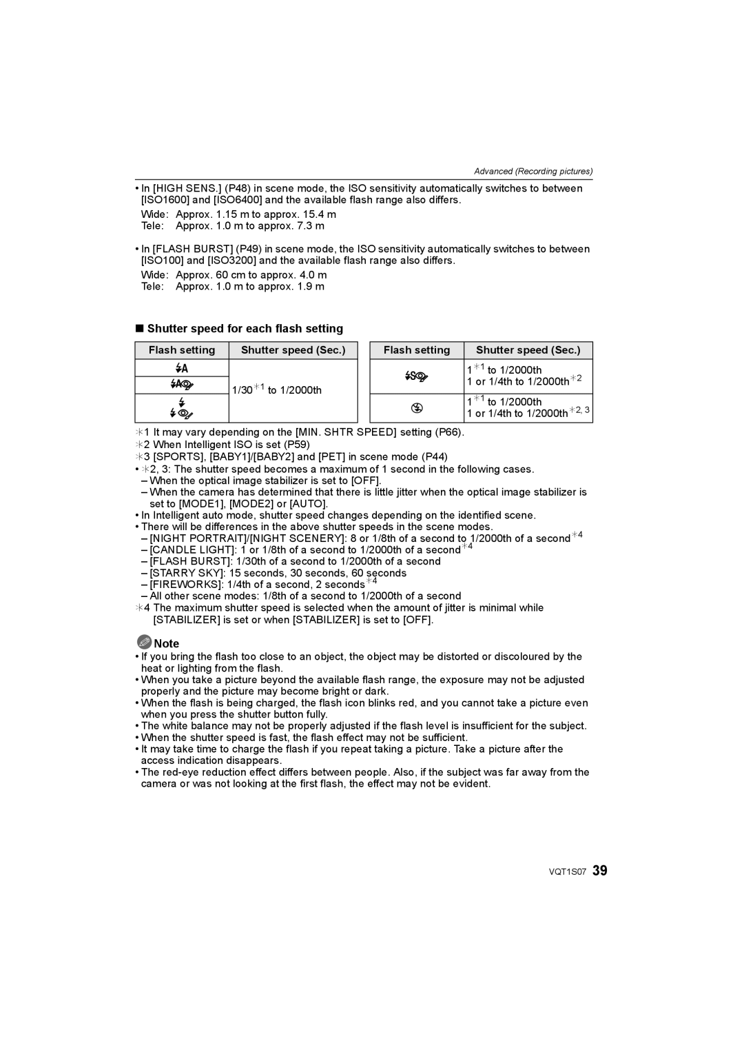 Panasonic DMC-FX38 operating instructions Shutter speed for each flash setting, Flash setting Shutter speed Sec 