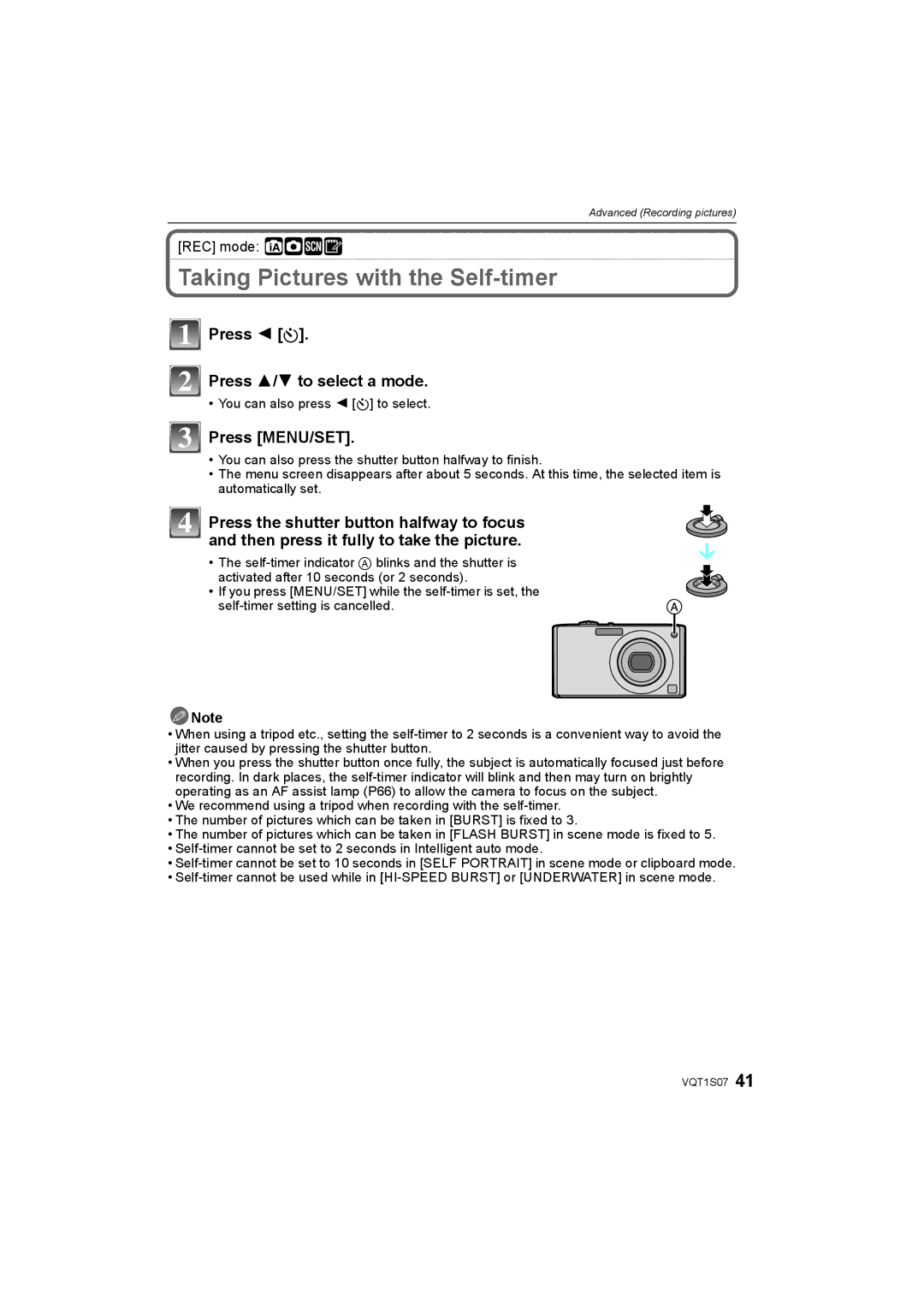 Panasonic DMC-FX38 operating instructions Taking Pictures with the Self-timer, Press 2 ë, Press 3/ 4 to select a mode 